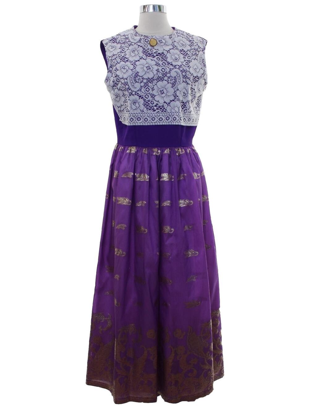 Vintage 60s Purple Lace Maxi Dress Gold Metallic Formal Home Sewn Small